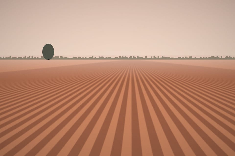 Ploughed furrows converging toward a low horizon with a single tree