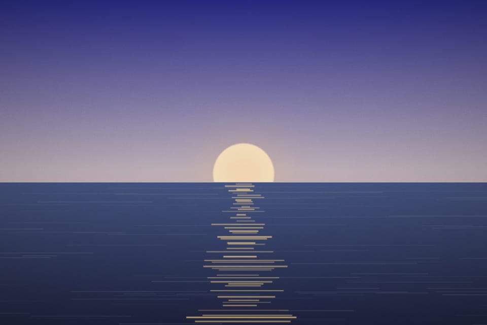A low sun reflected in a dark sea at the horizon