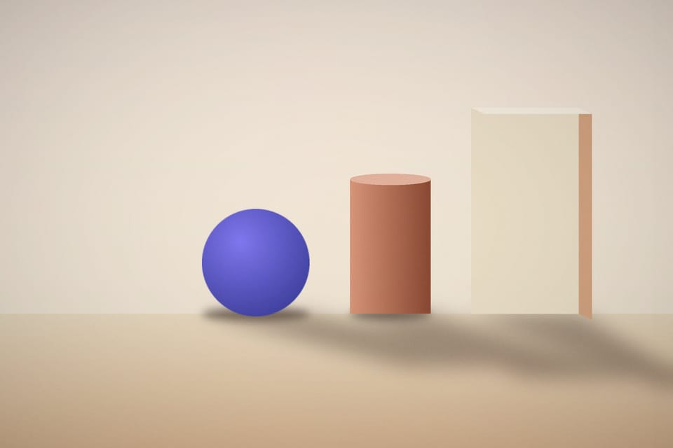 A blue sphere, a terracotta cylinder and a pale block casting long soft shadows