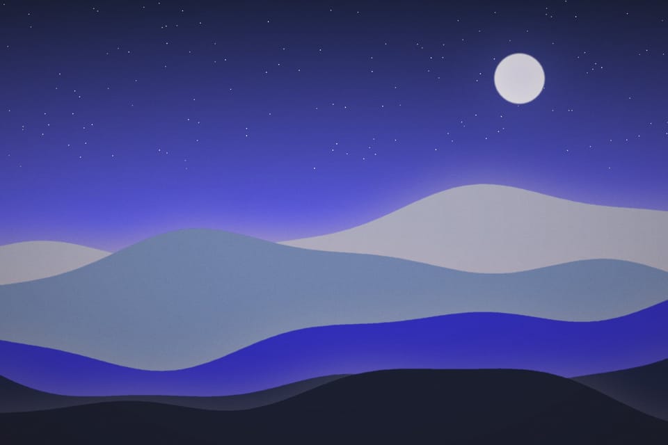 Layered blue mountain ridges under a starry sky and a pale moon